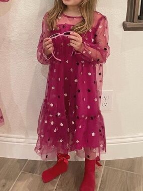 Us Angels Magenta Star Appliqué Tulle Dress